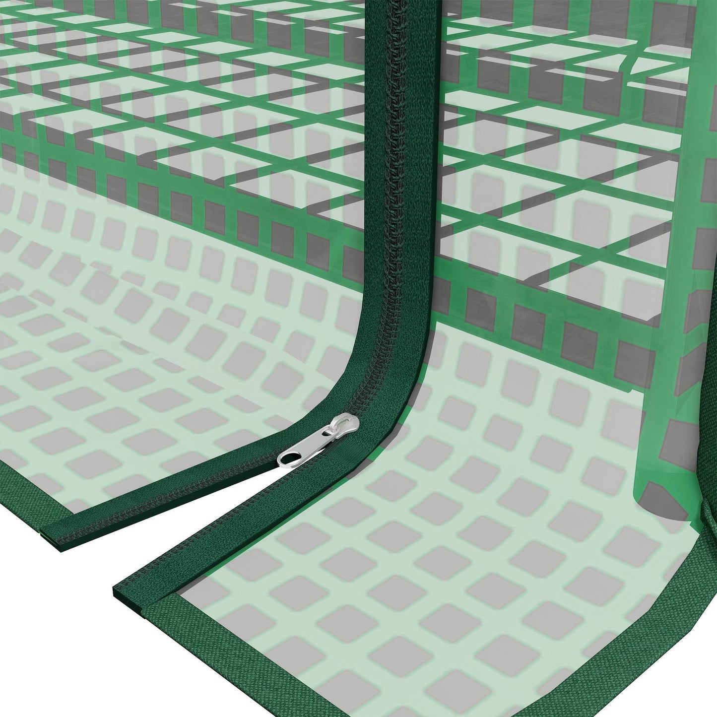 Green greenhouse base mat with reinforced corner seam and stitched plastic cover edge