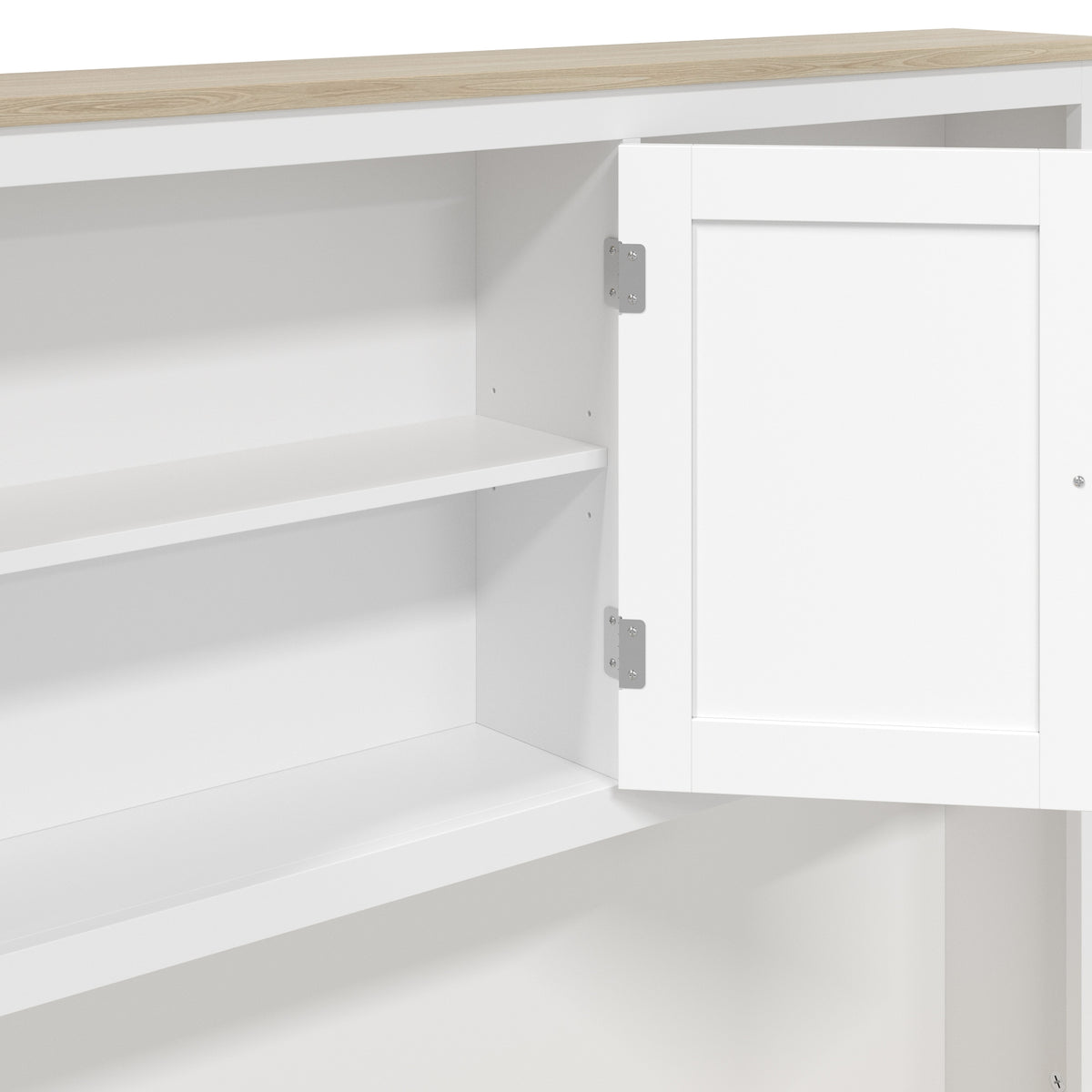 White pantry cabinet with open door and interior shelves, metal hinge hardware