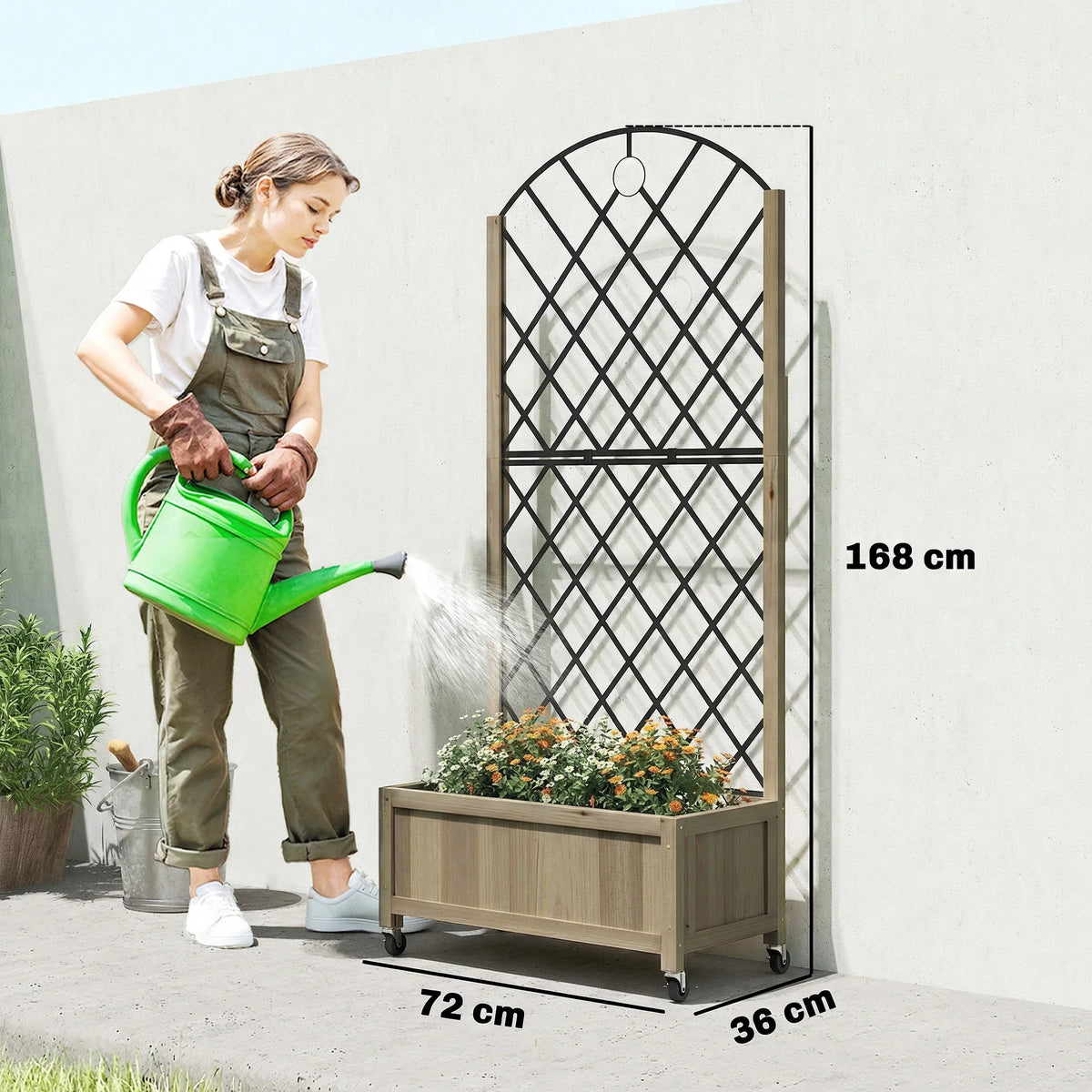 Raised wooden planter with black metal lattice trellis, lockable wheels; tall freestanding