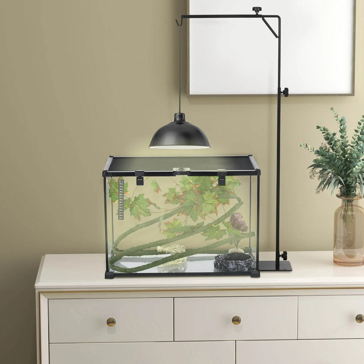 Black adjustable reptile lamp stand with secure hook and flat stable base