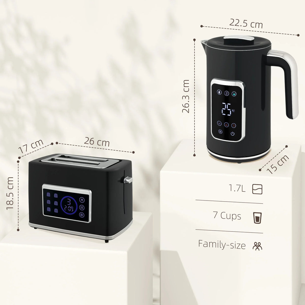 Black kettle and toaster set with dimension labels and touch display panels