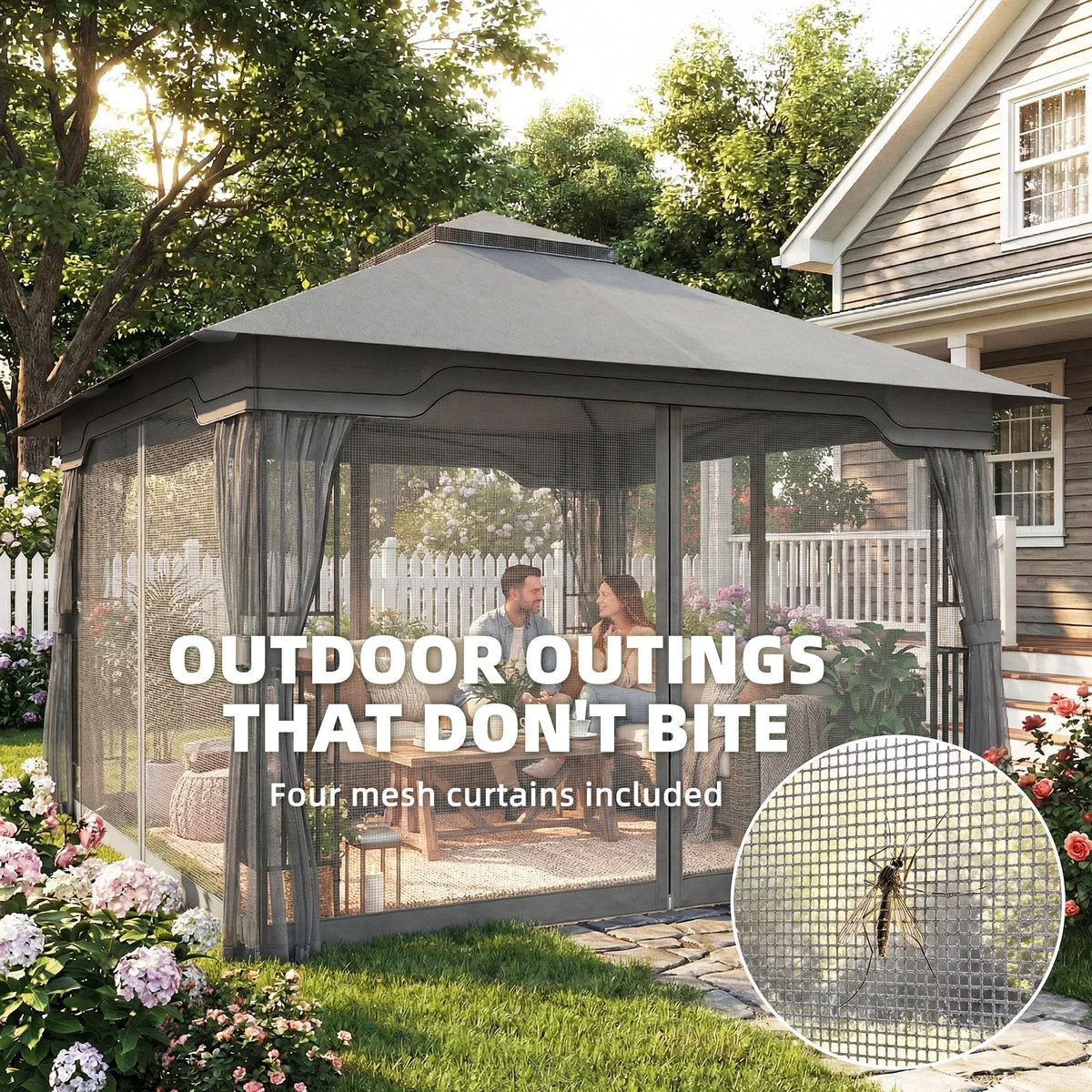 Dark grey outdoor gazebo with four mesh curtains and a covered seating area