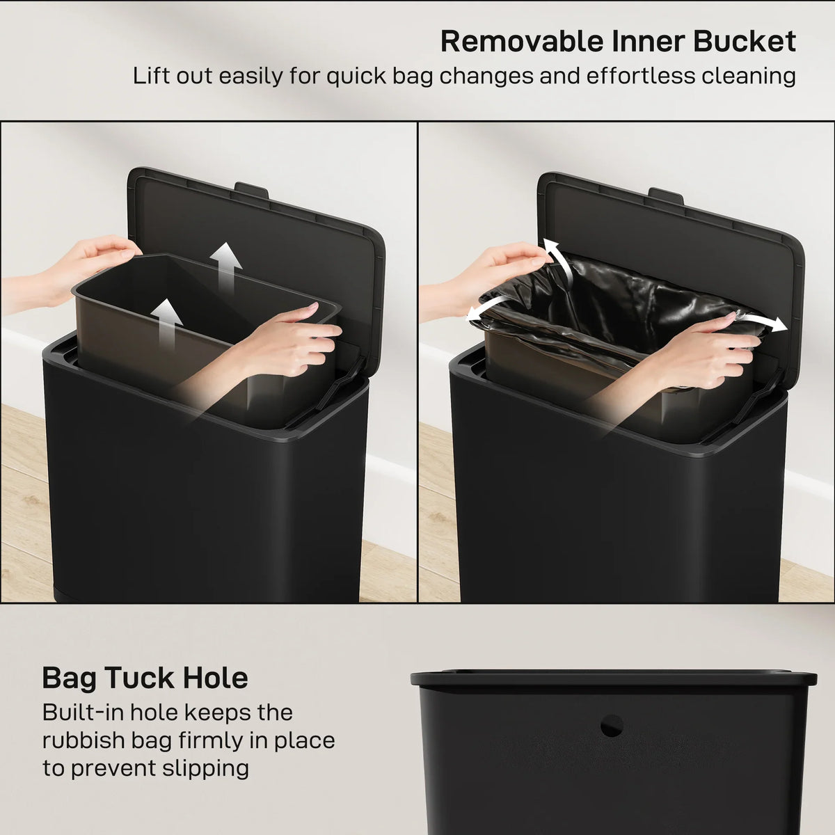 Black lidded bin with removable inner bucket, lifting out for quick emptying