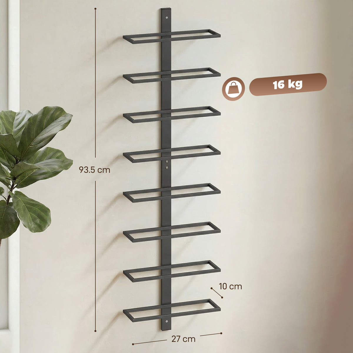 Black wall-mounted wine rack with multiple open tiers for wine bottles