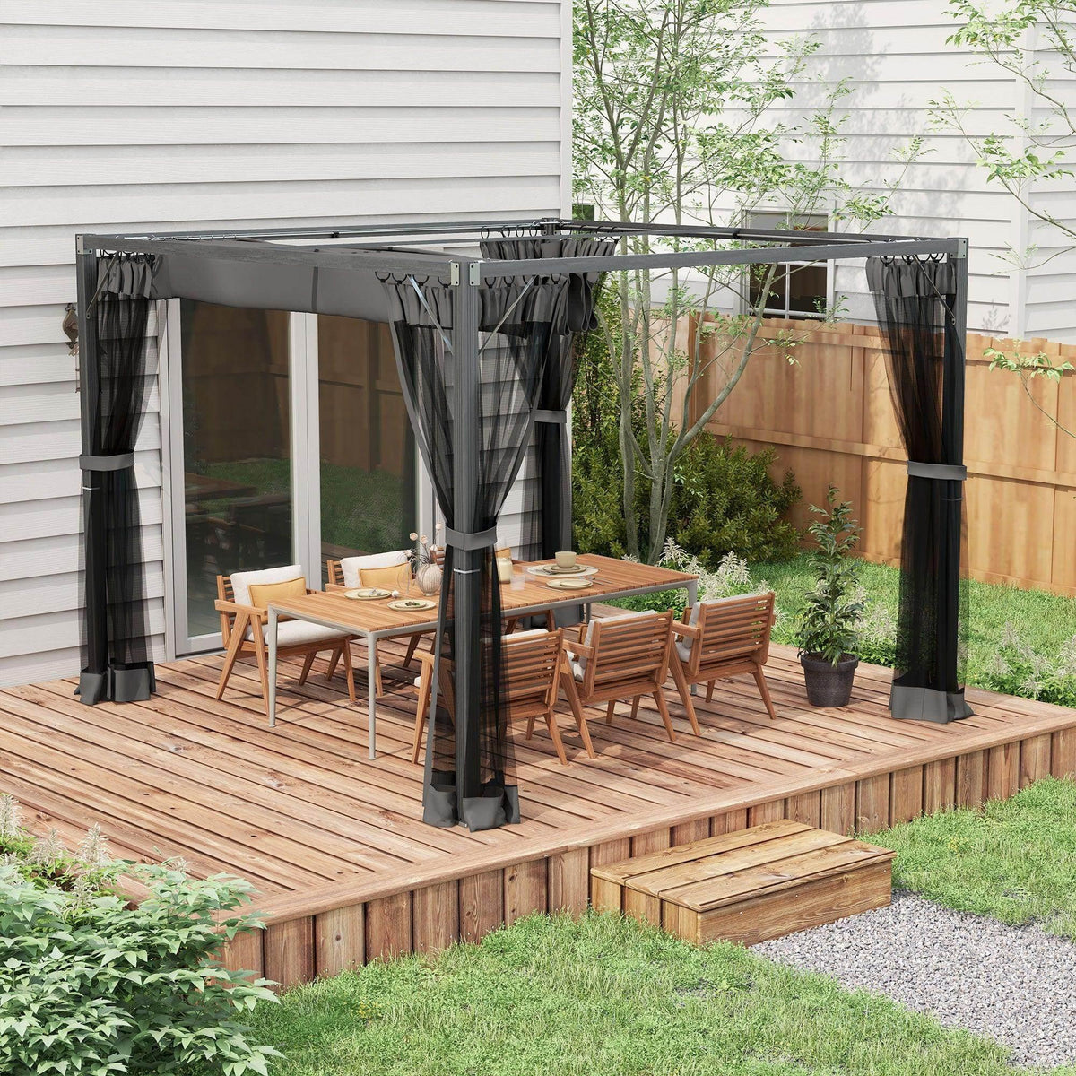 Dark grey retractable pergola canopy with netting side curtains on patio deck