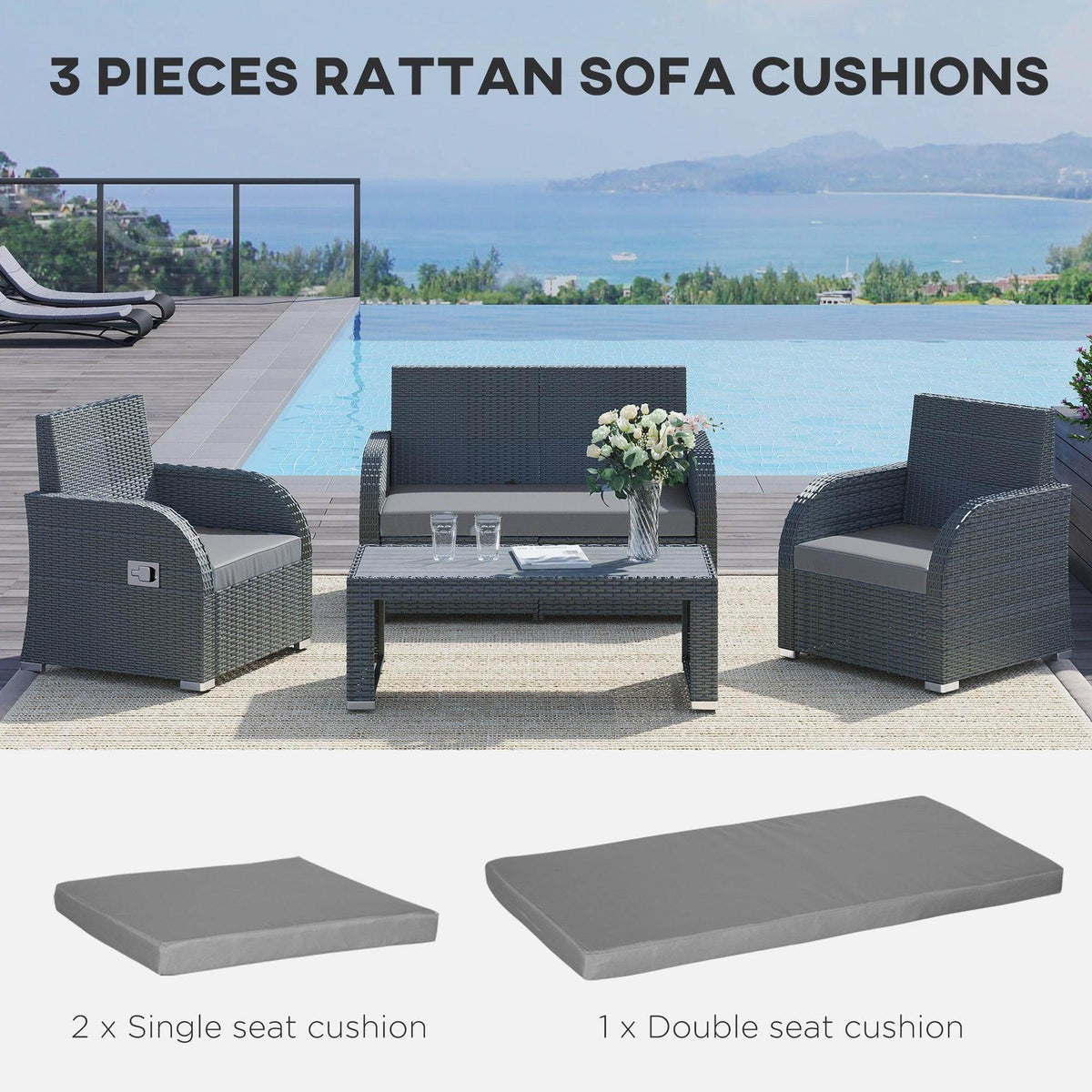 Dark grey 3-piece rattan sofa cushion set with 2 single and 1 double pads