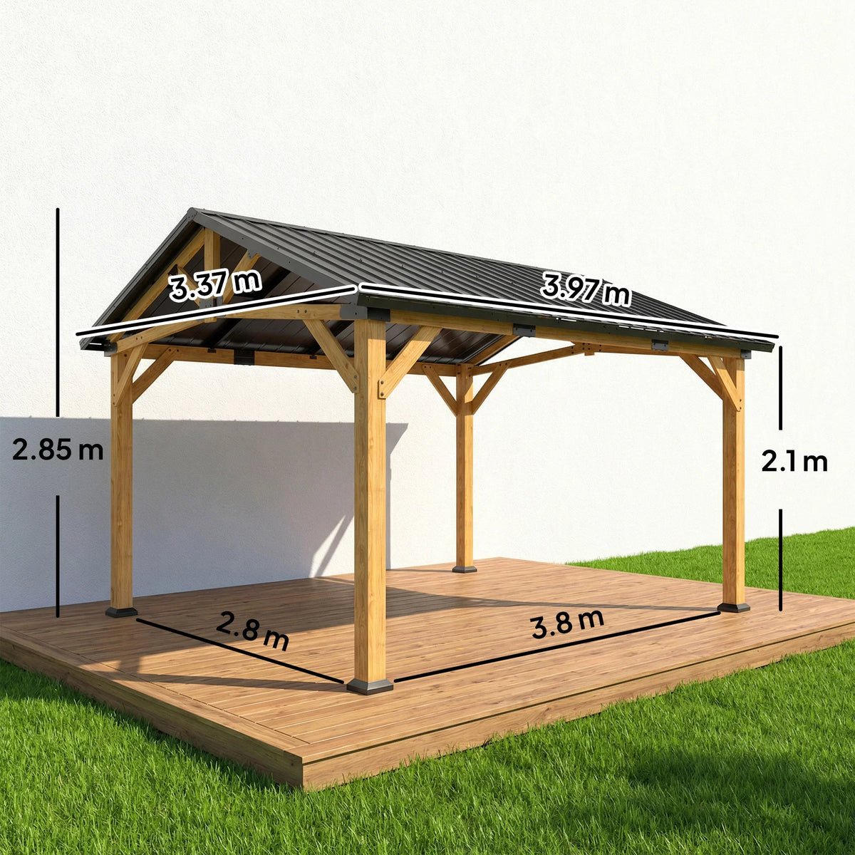 Hardtop gazebo with wood posts and dark gray metal roof on raised wooden base