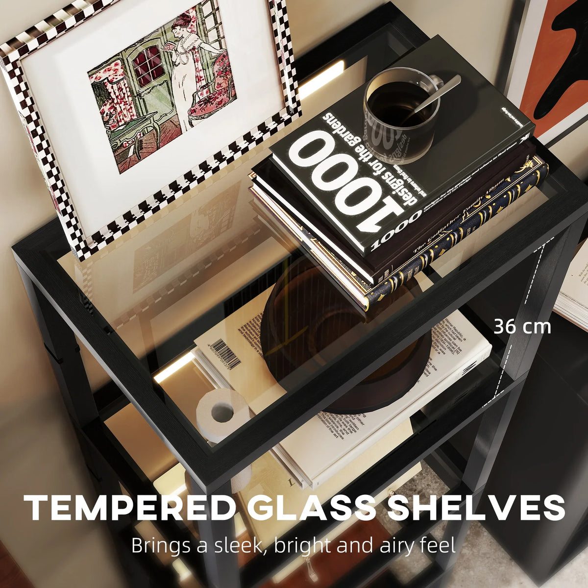 Black floor lamp with tempered-glass shelves and warm light storage column