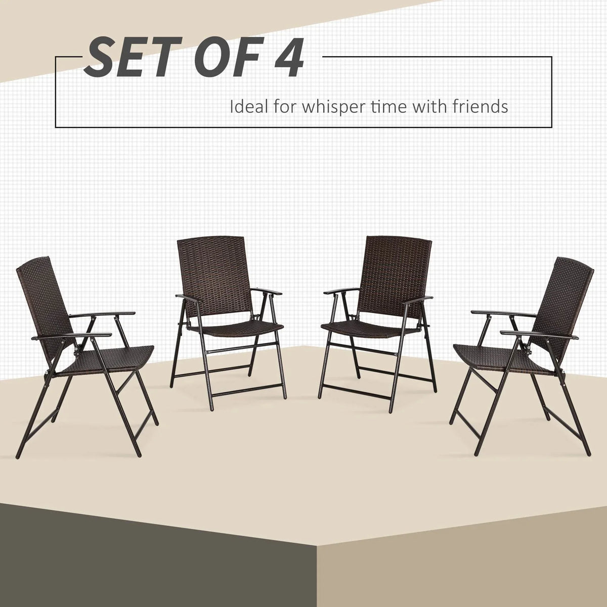 Set of 4 foldable rattan patio chairs, four upright chairs with curved seats