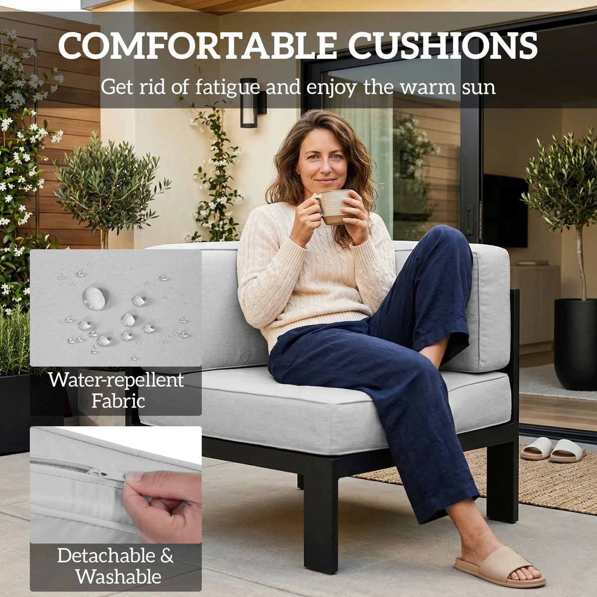 Light grey outdoor sofa cushion set with water-repellent, removable washable covers