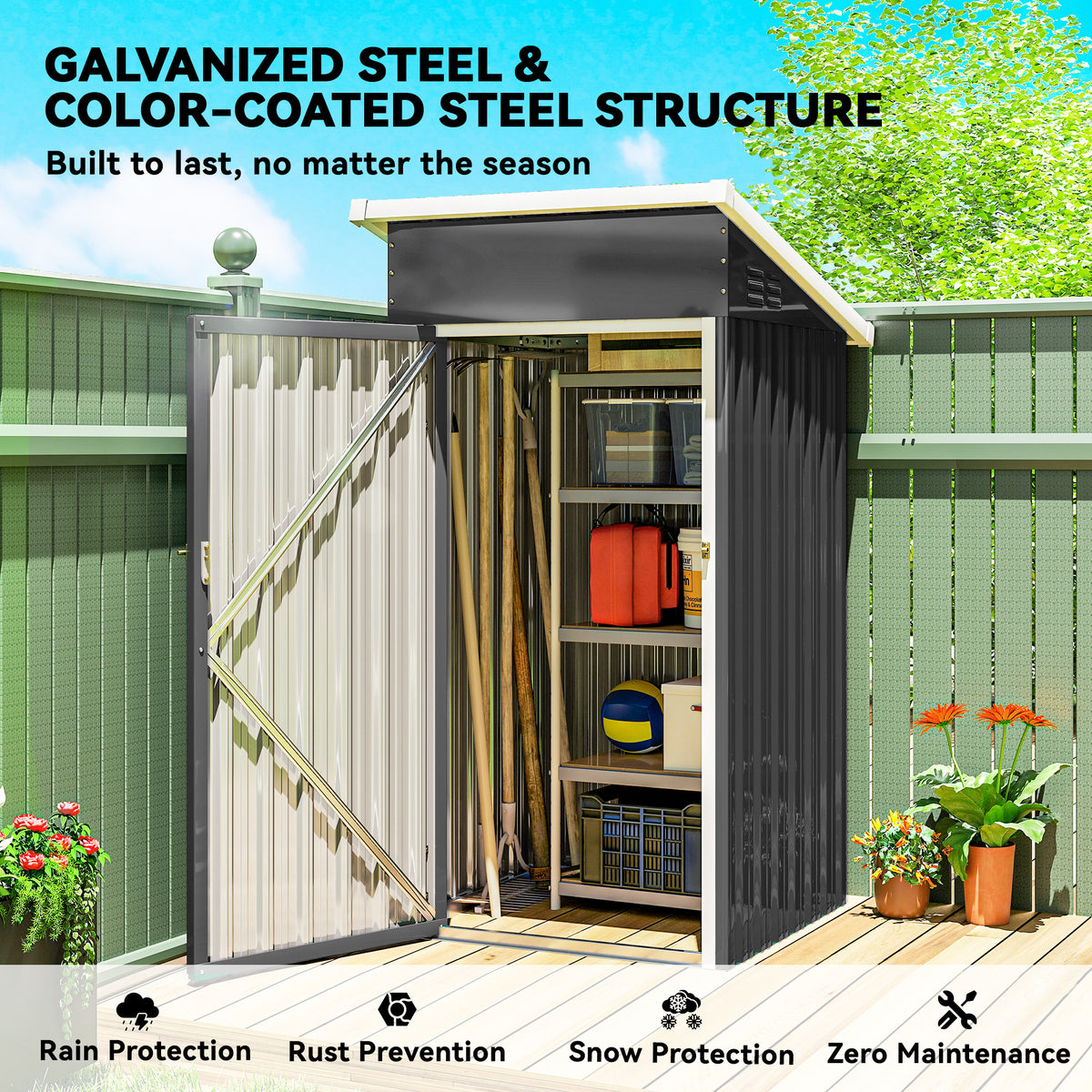 Outdoor metal storage shed with sloping roof and double doors open, gray and off-white