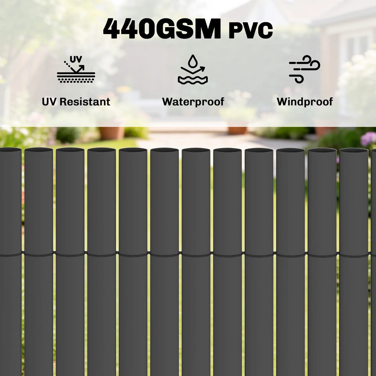 Close-up of dark grey PVC fence slats with evenly spaced ridges.