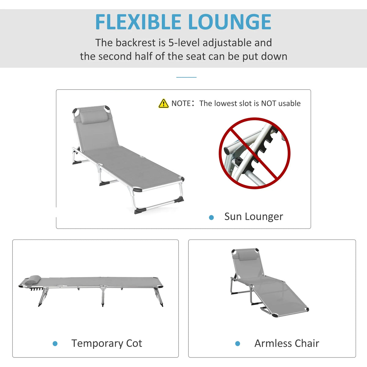 Light grey foldable sun lounger with adjustable back and pillow, shown in feature diagram.