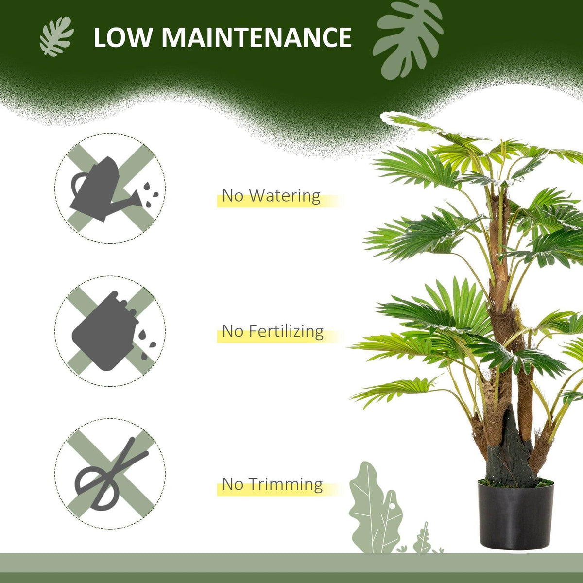 Artificial palm tree in black pot, low-maintenance design with no watering or trimming.