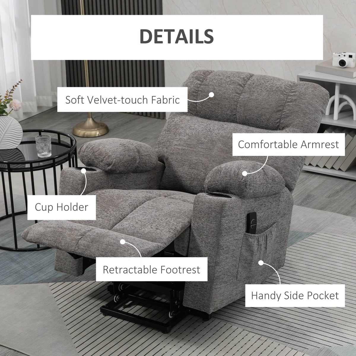 Grey velvet lift recliner chair with side pocket and retractable footrest