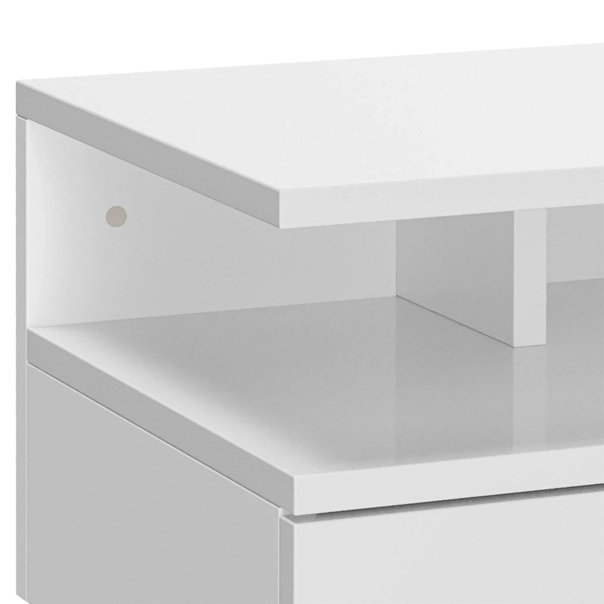 White floating nightstand close-up showing glossy shelves and drawer front