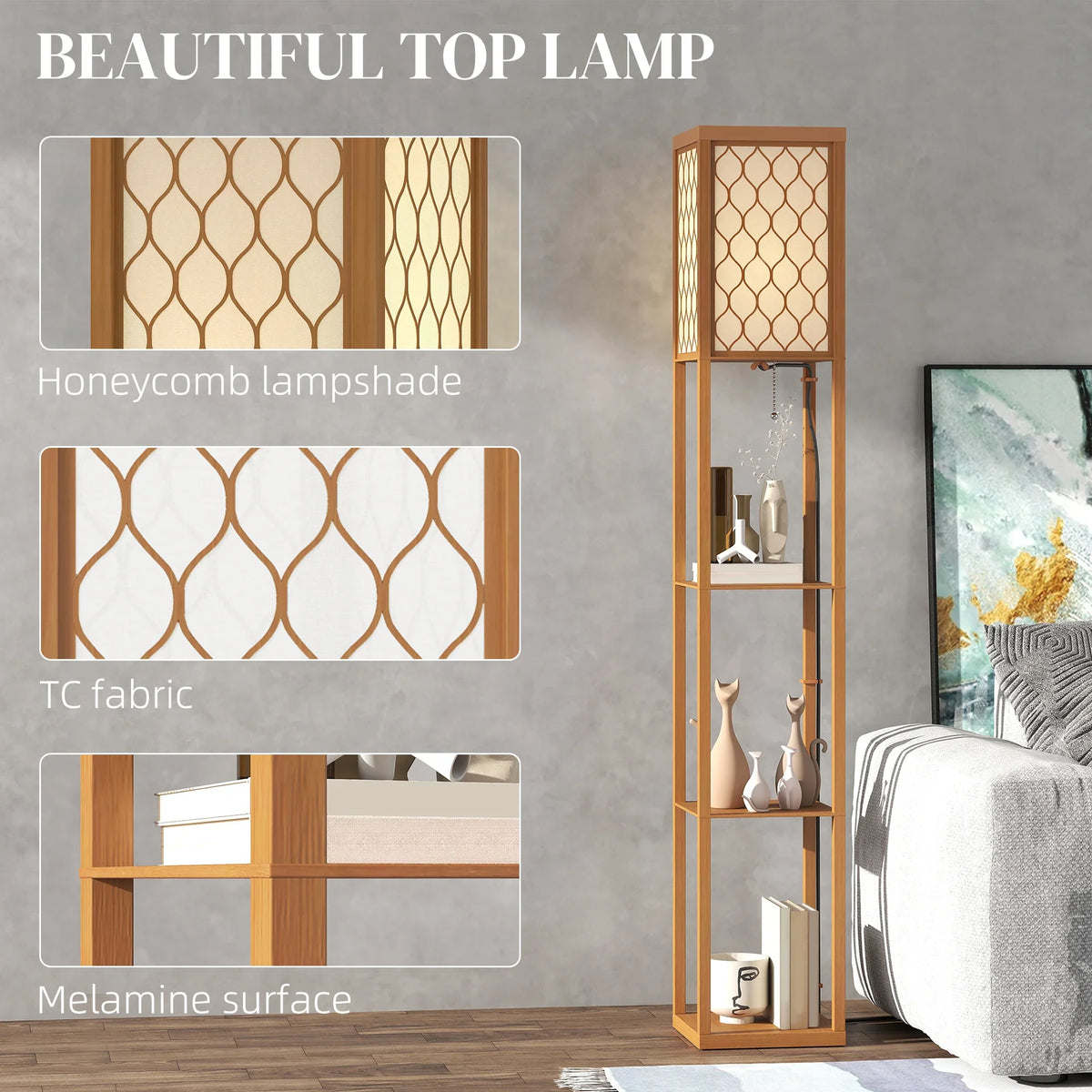 Standing lamp with honeycomb TC fabric shade and melamine finish wooden shelves.