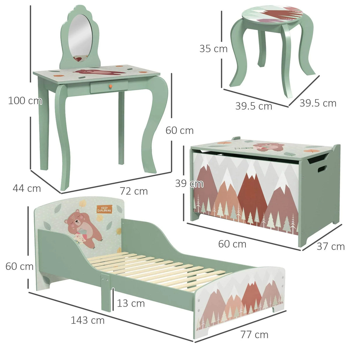 Green kids bed and toy chest with mountain print, shown with size measurements