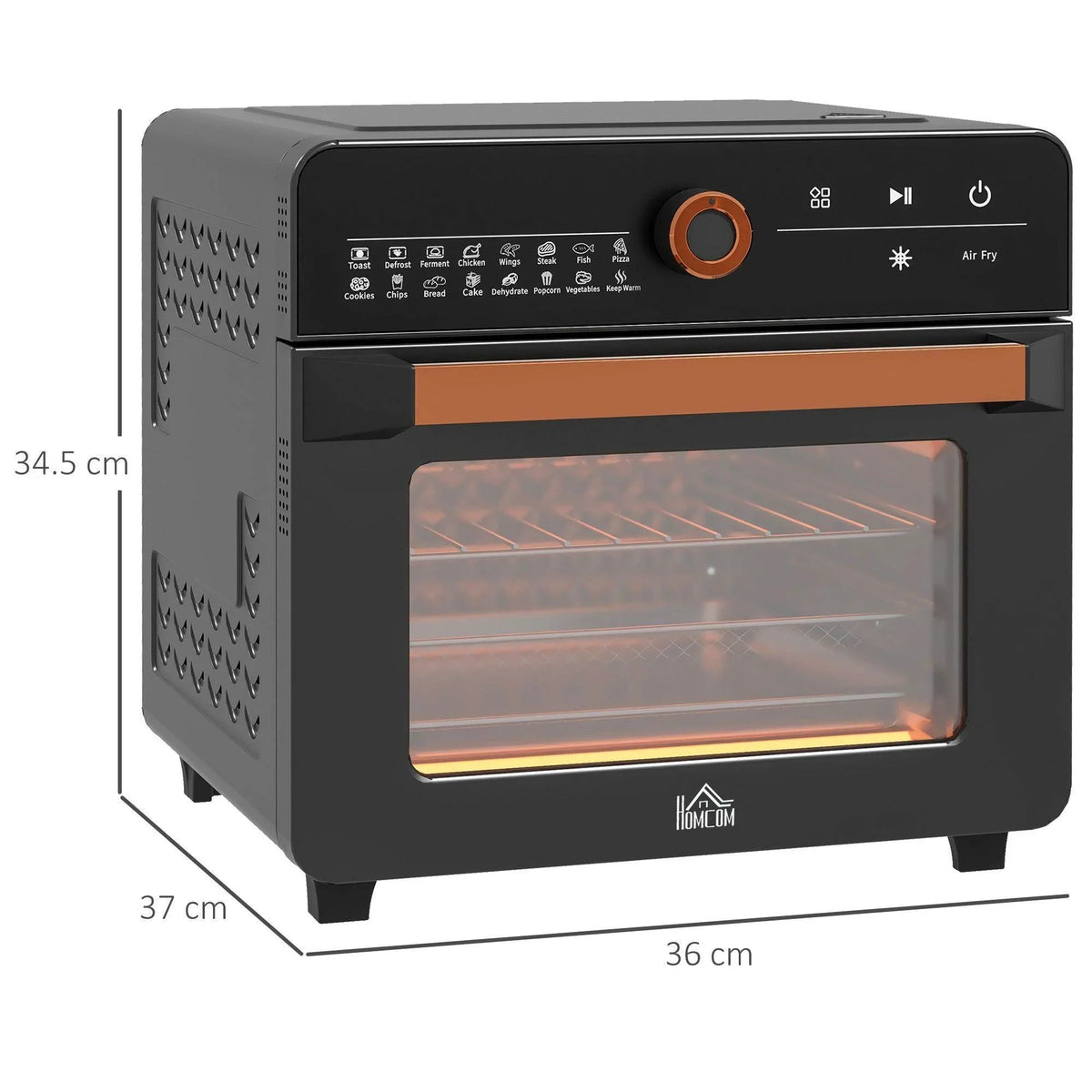 Black mini air fryer oven front with orange dial and glass heating chamber