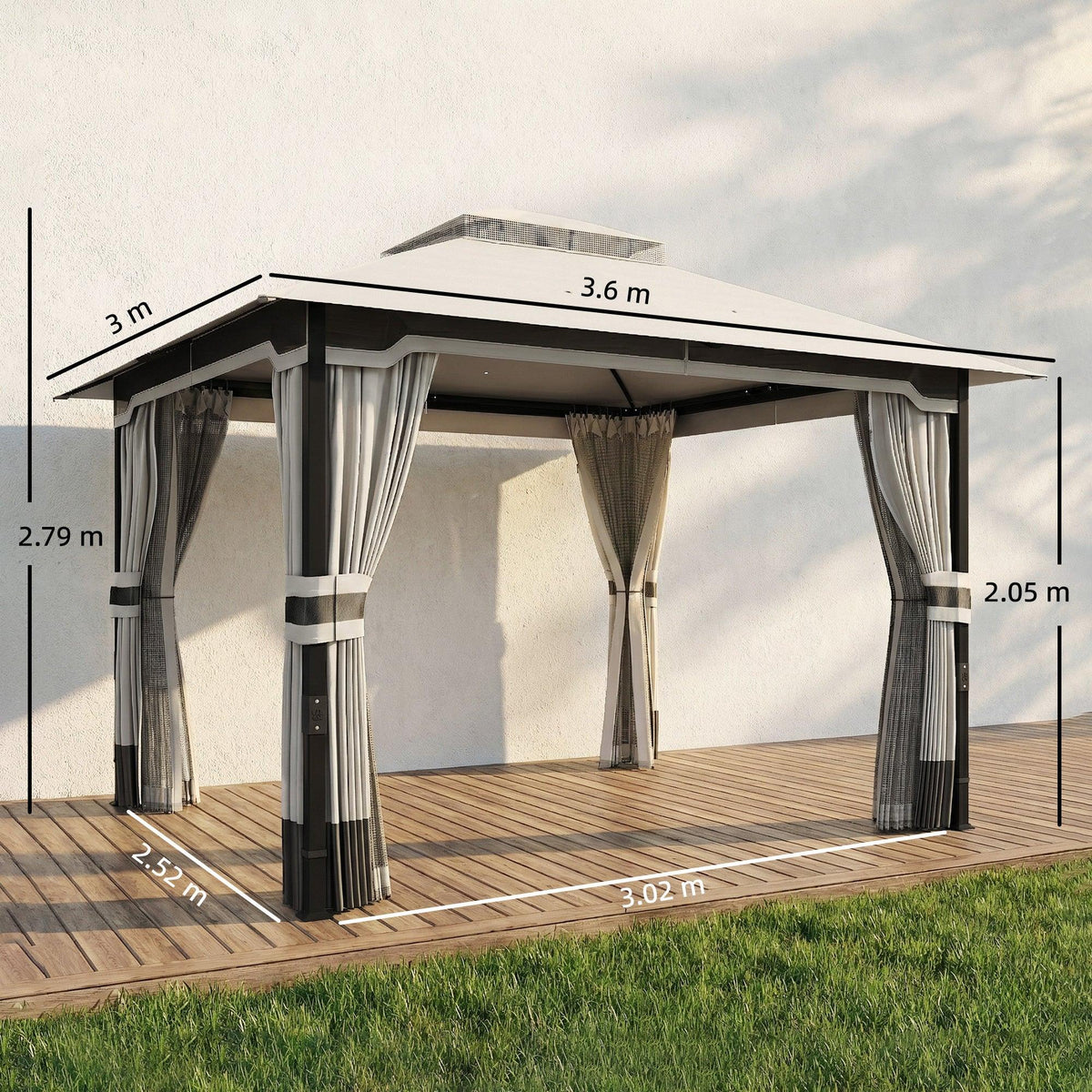 3 x 3.6 m outdoor gazebo with light grey frame and hanging curtains on wooden deck