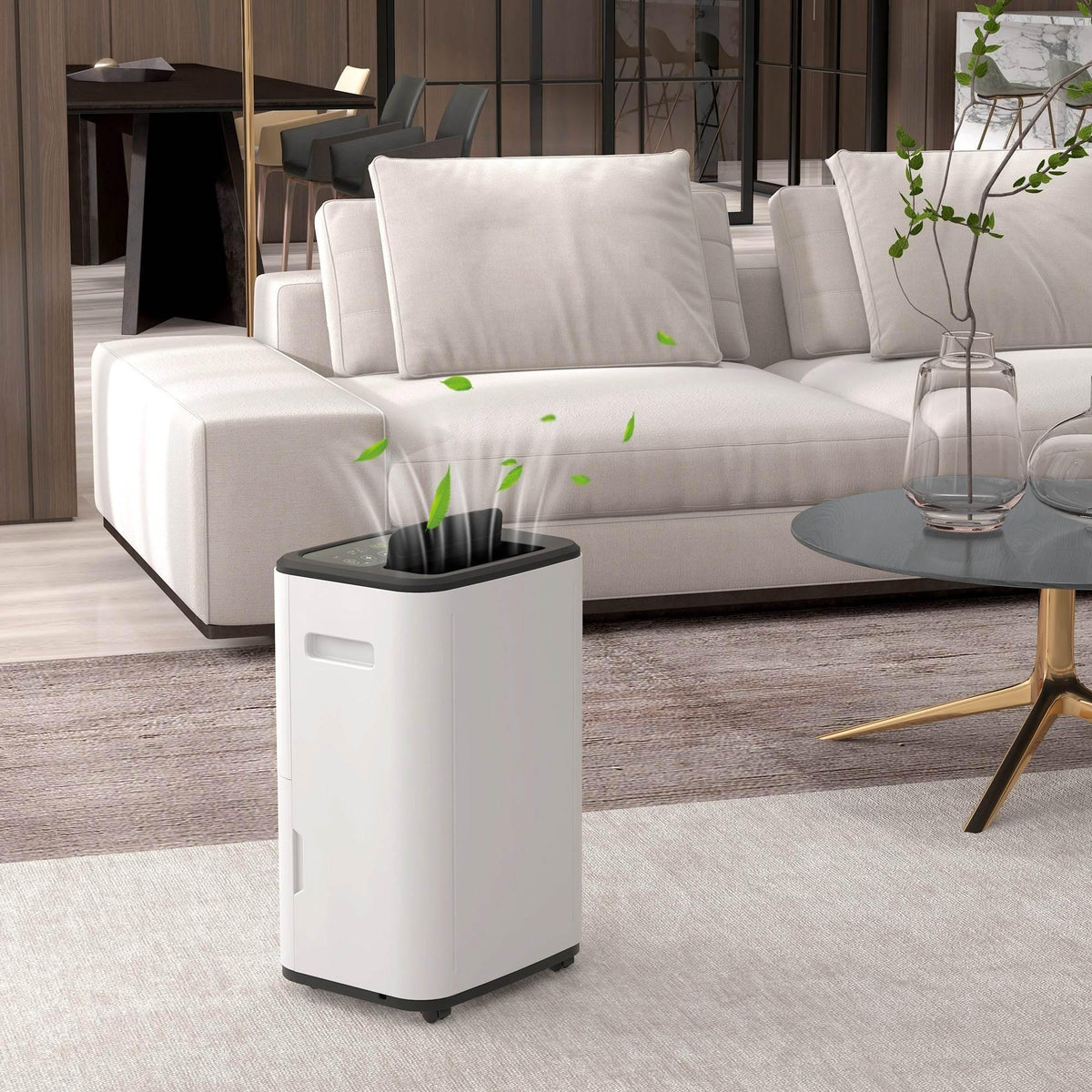 White portable dehumidifier with front water tank and side handle, standing on floor