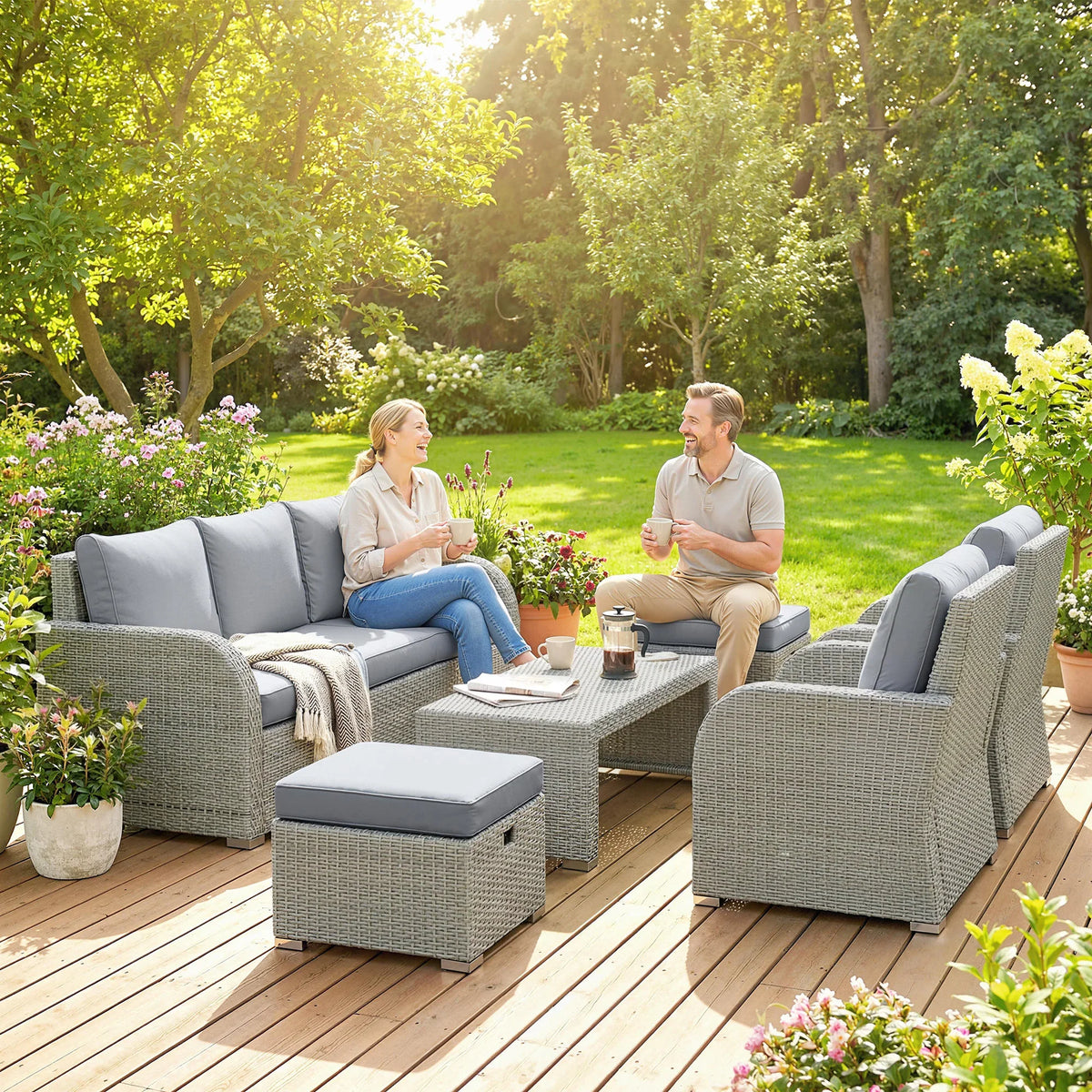 Outdoor rattan recliner set with two chairs, ottoman and table, dark gray cushions