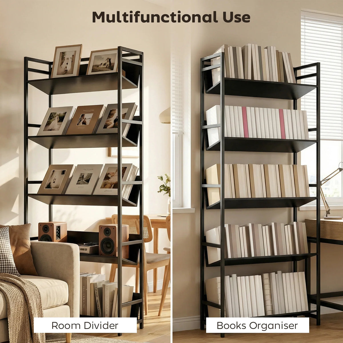 Black metal 5-tier bookcase with open shelves, used as room divider for decor