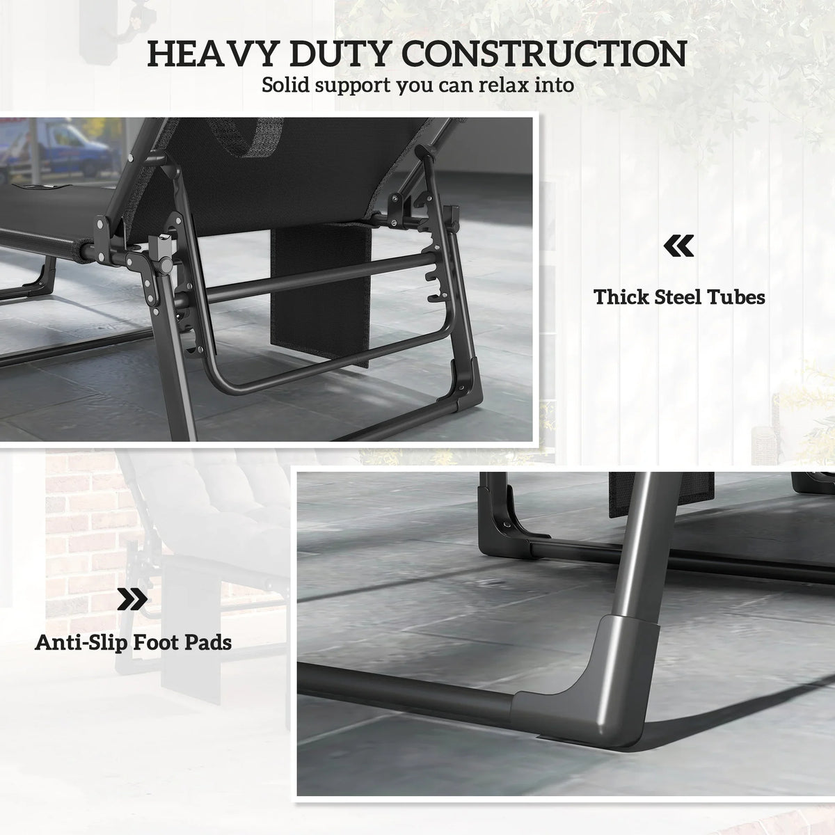 Black folding sun lounger with thick steel tubes and anti-slip foot pads
