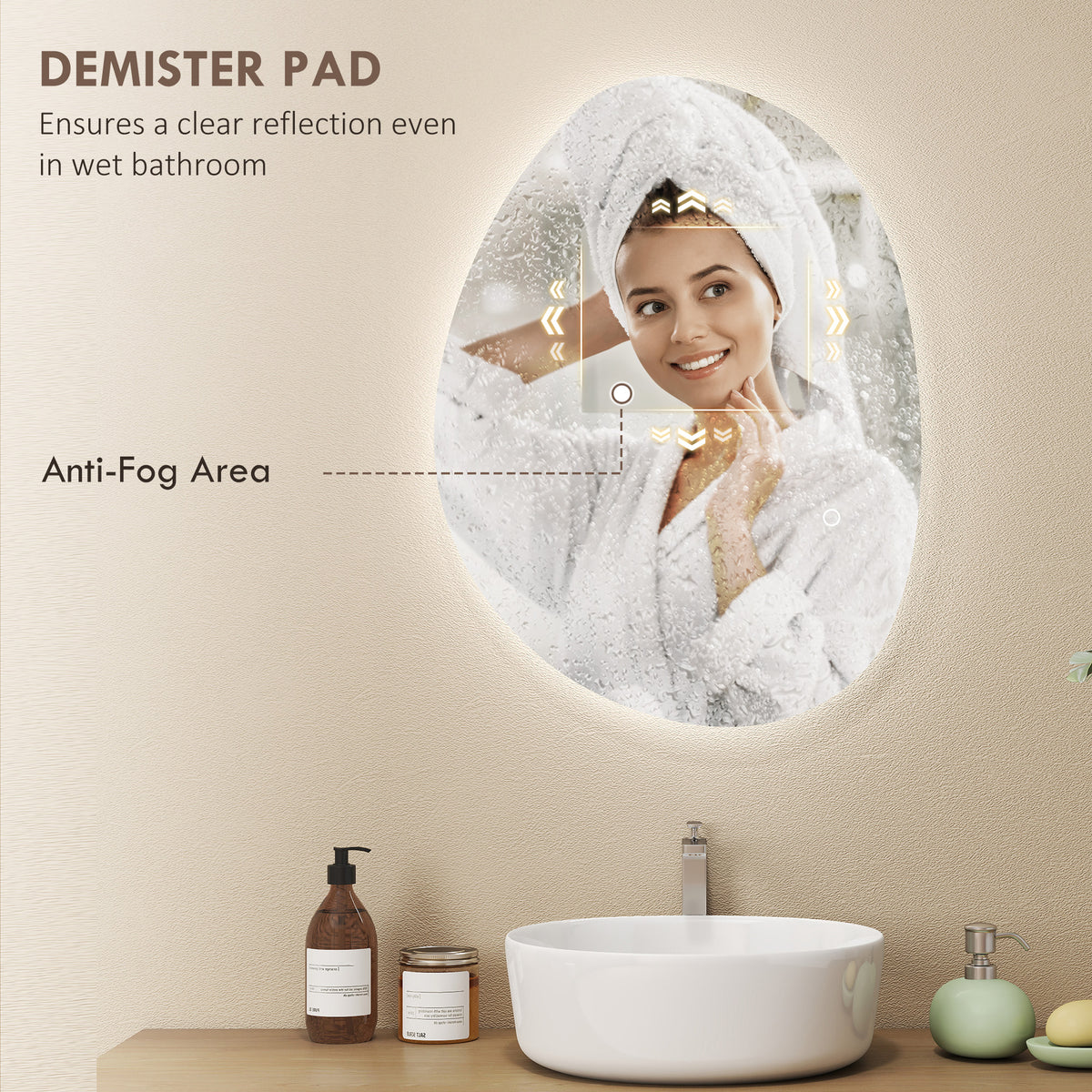 Oval LED bathroom mirror with anti-fog design and illuminated edge ring.