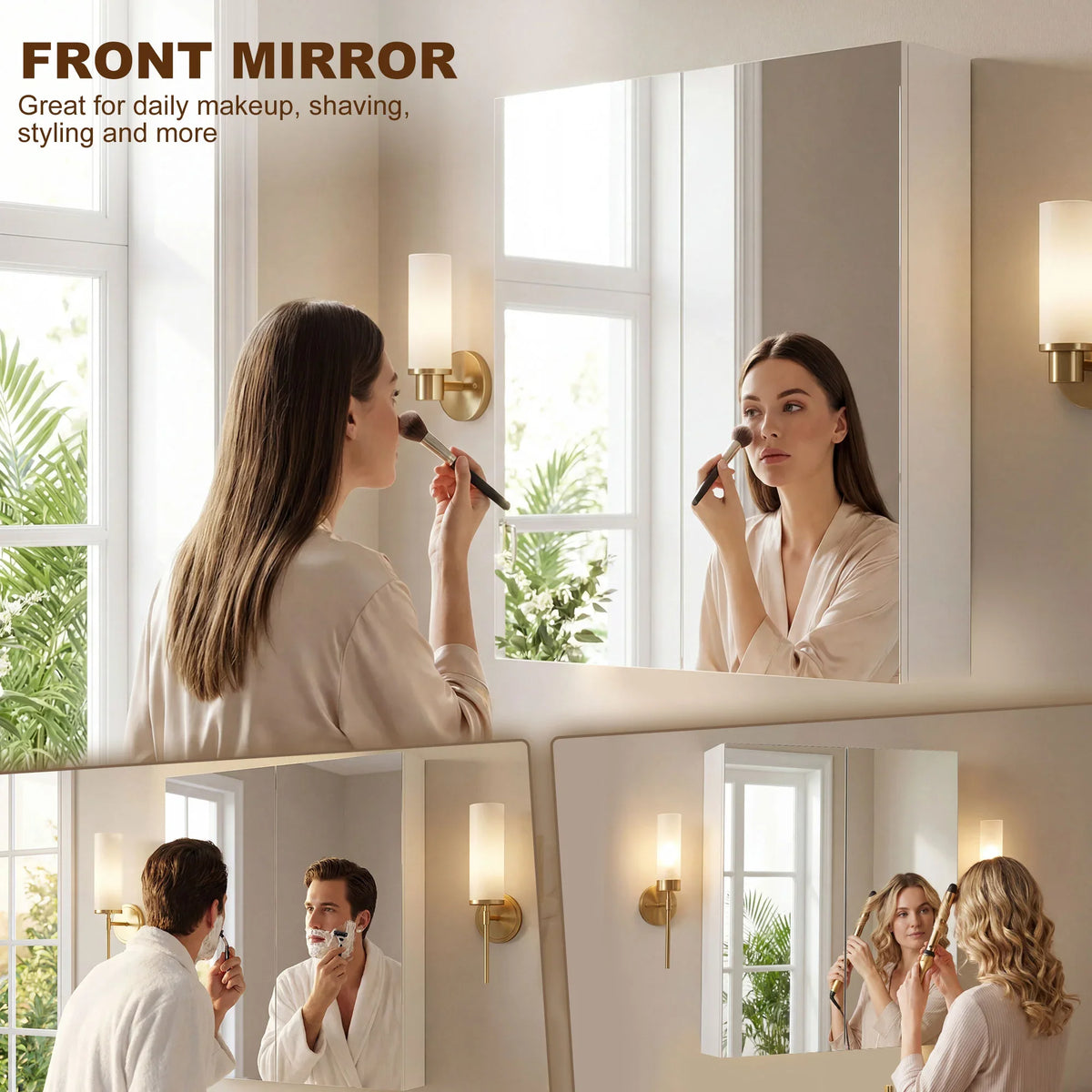 White wall-mounted bathroom mirror storage cabinet with front mirror