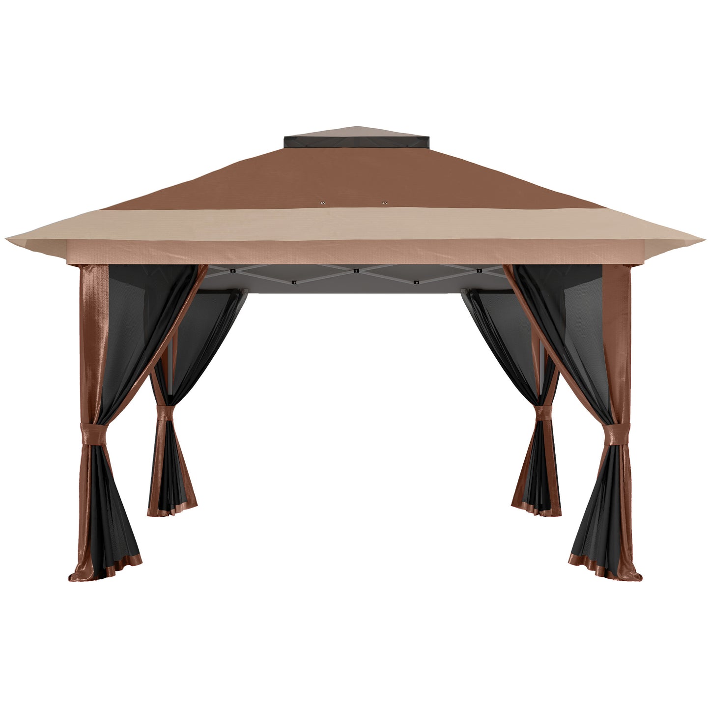 Outsunny 3.6m By 3.6m Pop Up Gazebo With Accessories Brown UPF50 Canopy Mesh Liner Adjustable Height 260 270 280 Cm