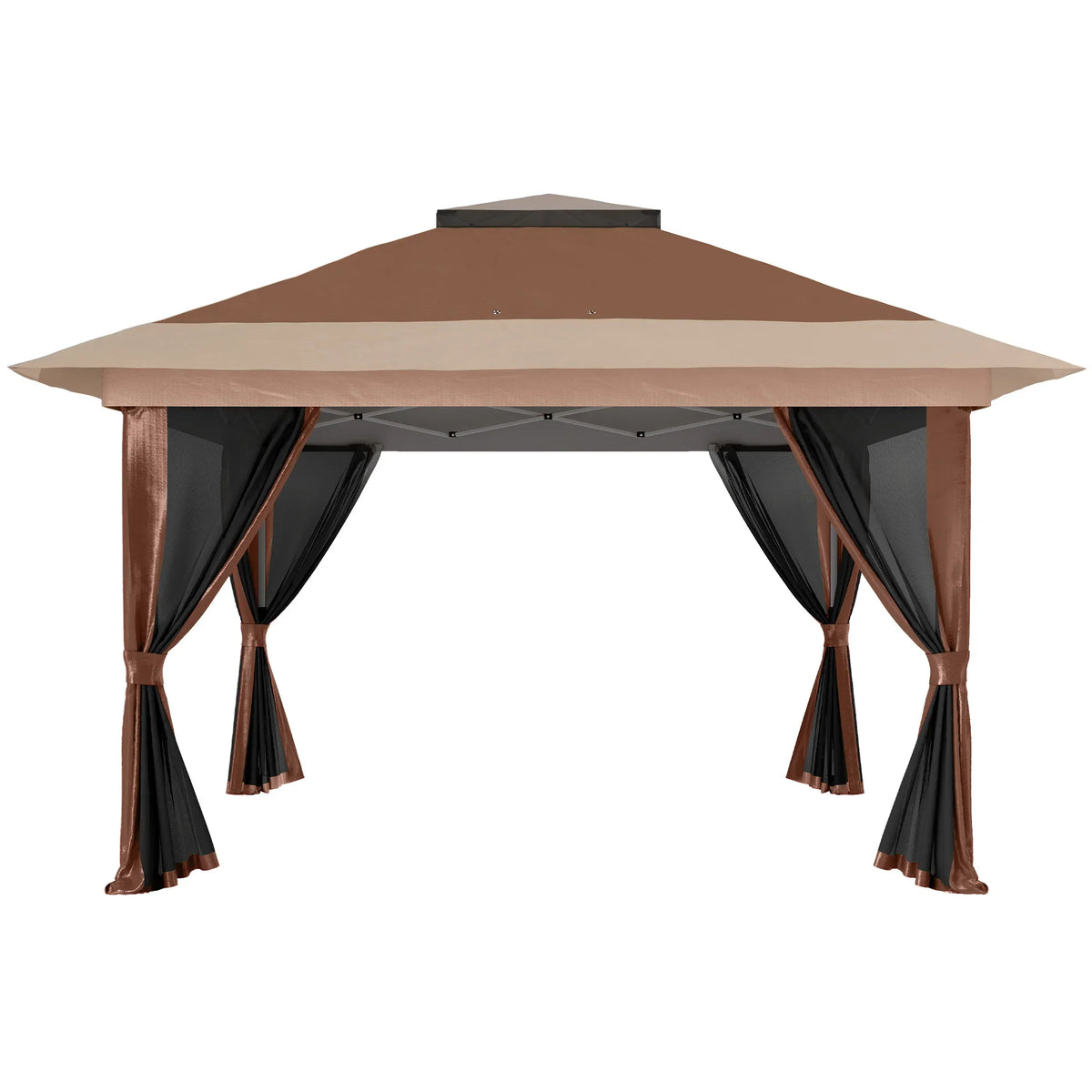 Brown pop-up gazebo front view with peaked canopy top and four hanging curtain panels
