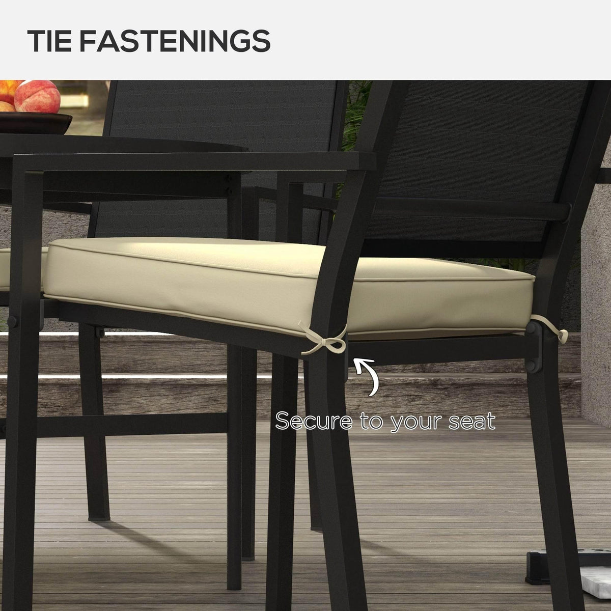Beige seat cushion with tie fasteners for securing to a patio chair