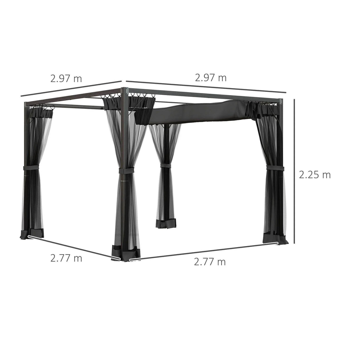 Retractable pergola frame with dark grey canopy and hanging netting, shown with dimensions