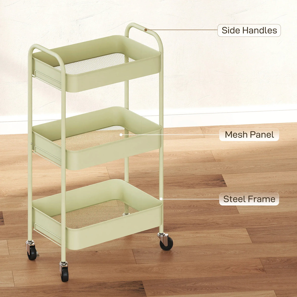 Green rolling storage cart, side handles, mesh panels, steel frame, caster wheels