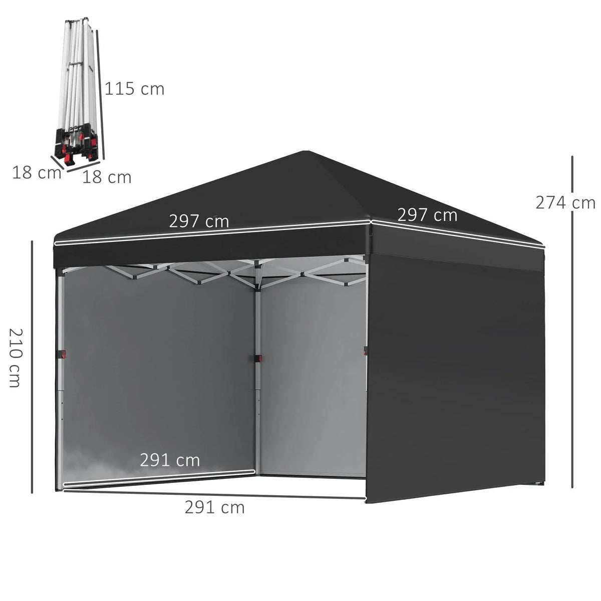 Black pop-up gazebo tent with two sidewalls, adjustable height frame size diagram