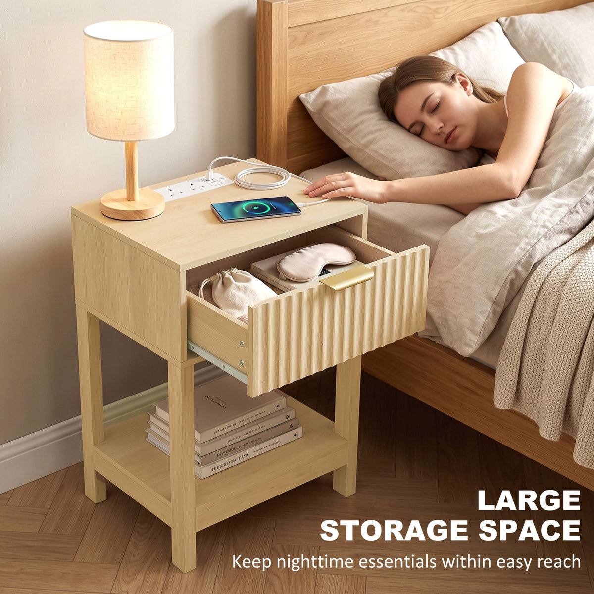 Oak nightstand with open shelf and fluted drawer for bedside storage
