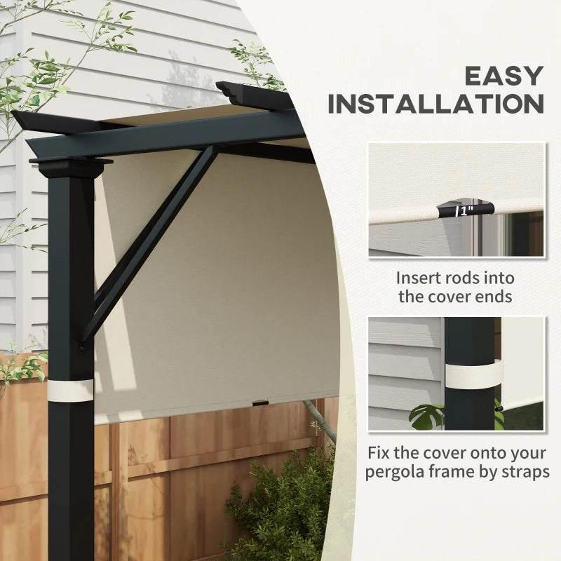 Cream-white pergola canopy roof cover with rods inserted and straps