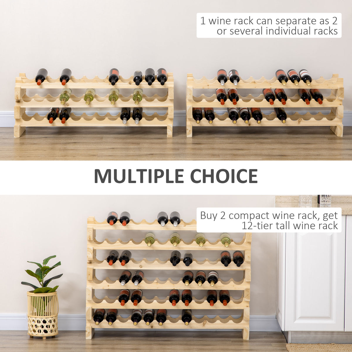 Two natural wood 6-tier wine racks with curved bottle holder slots