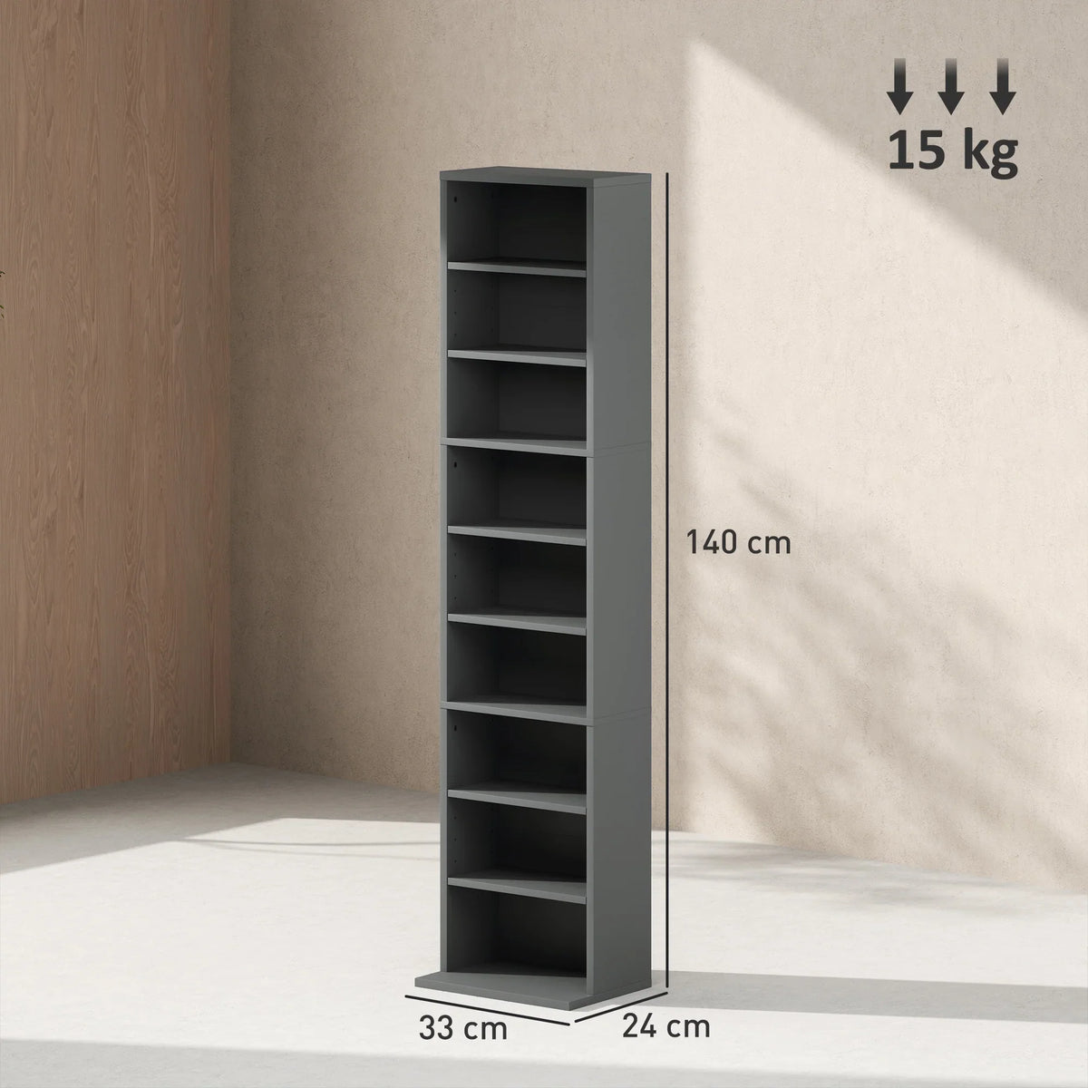 Narrow grey media cabinet with six open shelves, compact footprint