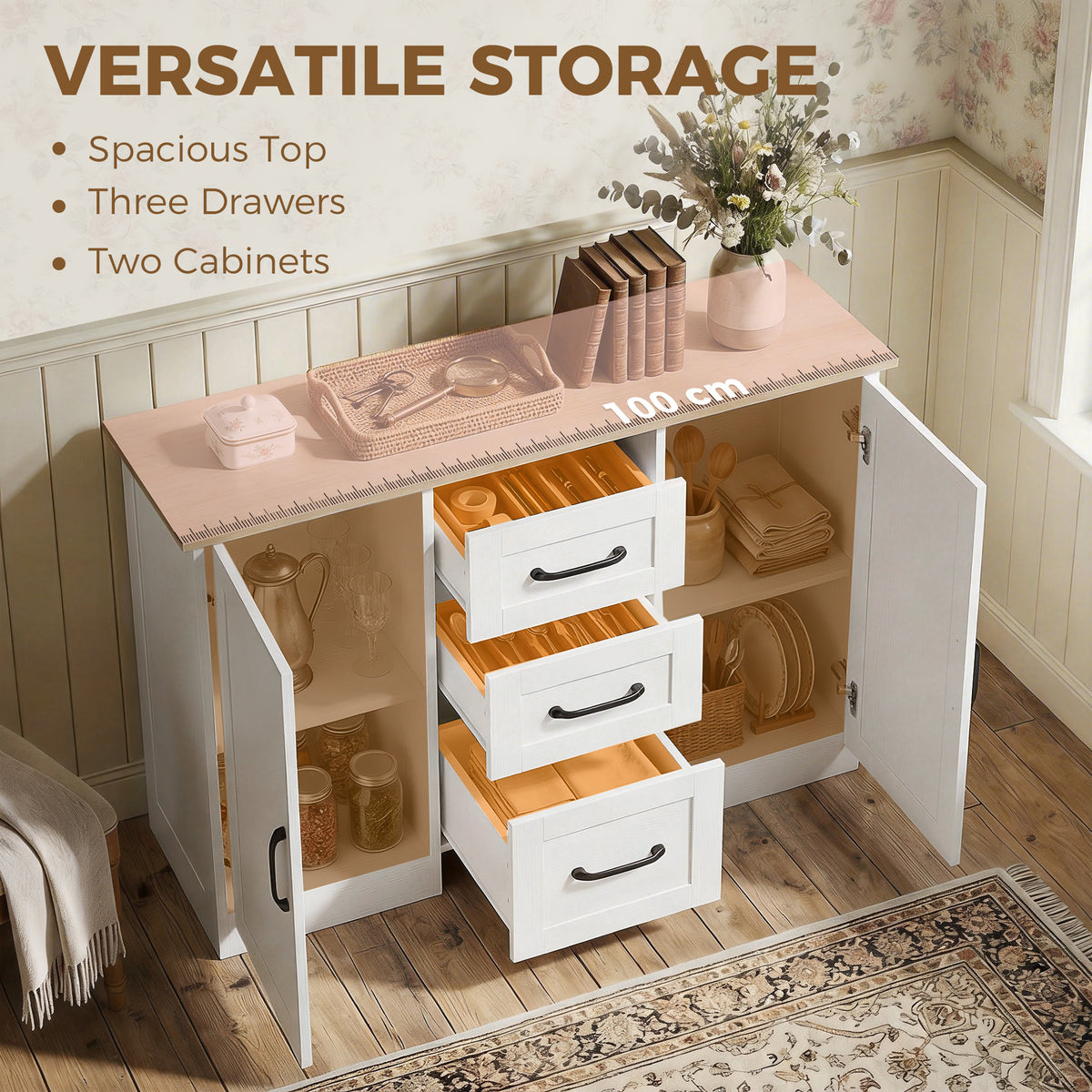 White sideboard cabinet with open compartments showing 3 drawers and shelf storage