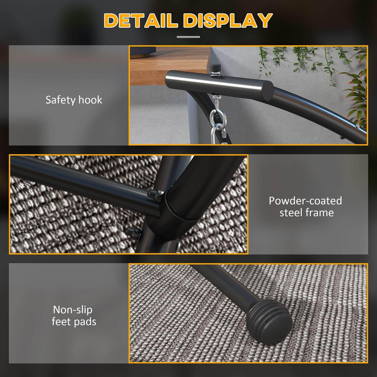 Black hammock chair stand with safety hook, powder-coated steel frame, and non-slip feet