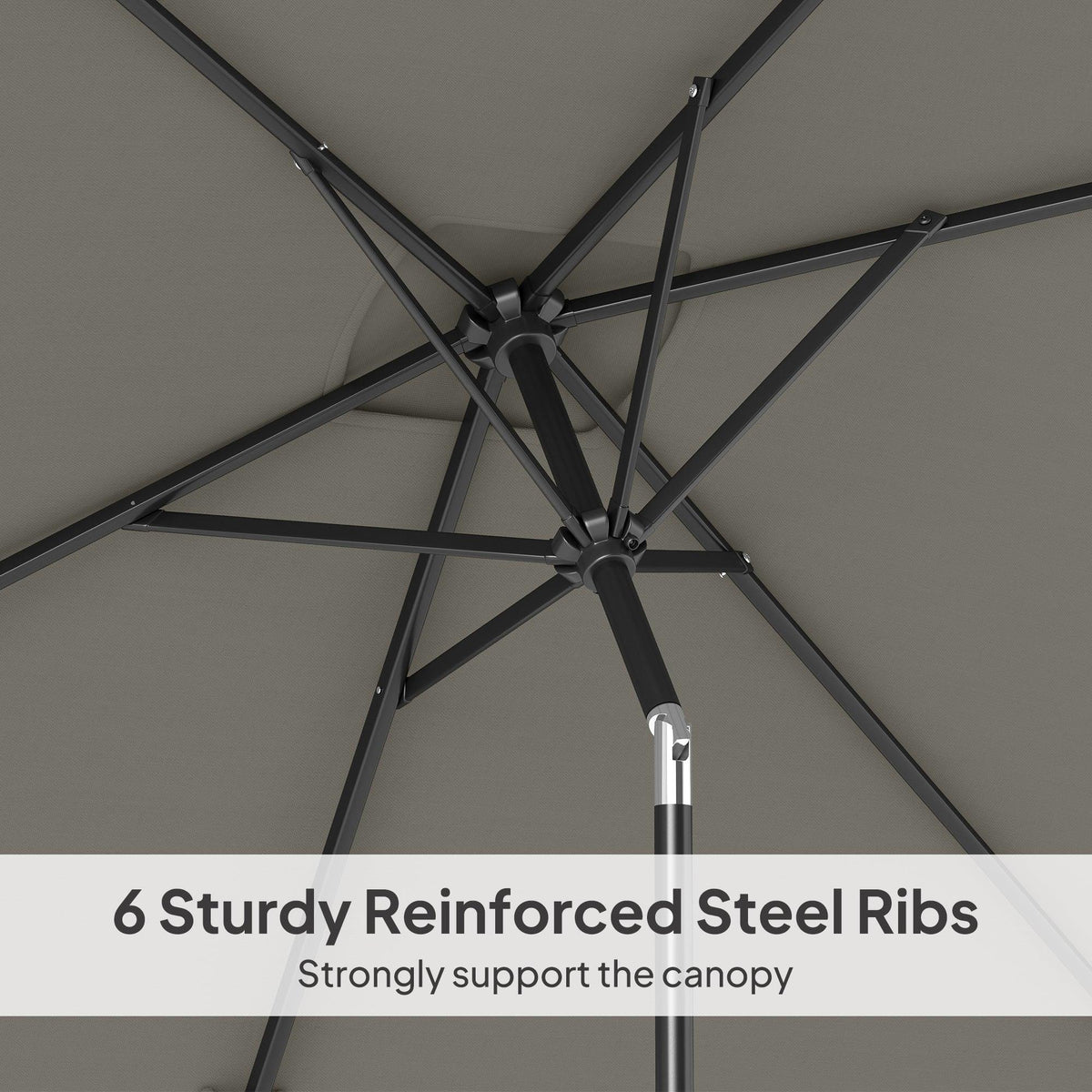 Rectangular patio parasol frame with steel ribs and central tilt crank pole