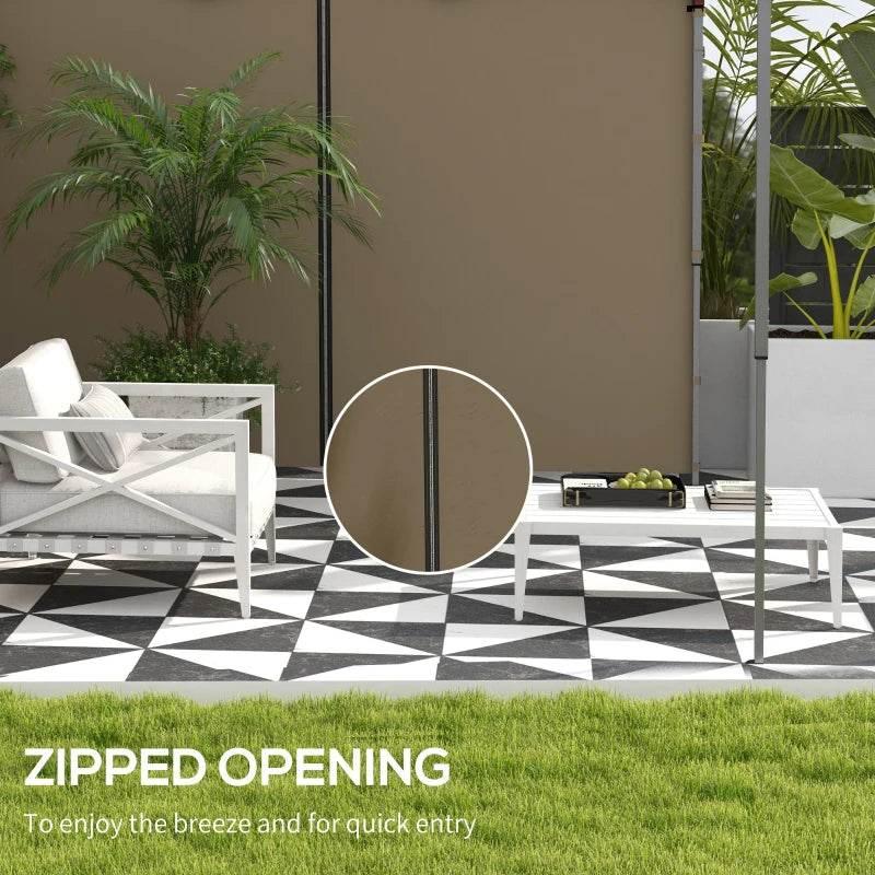 Beige gazebo side panel with circular zipper opening detail and gray frame