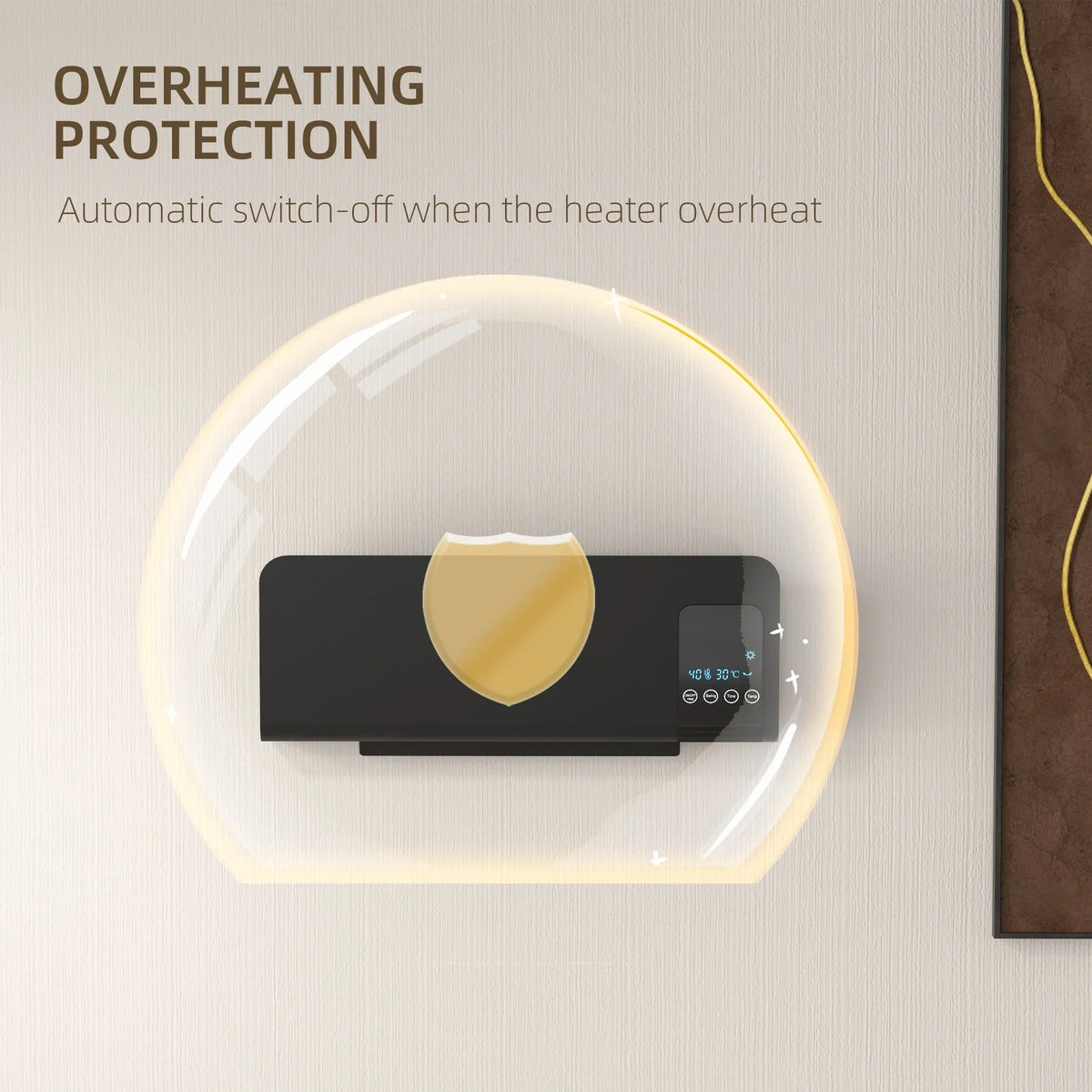Black wall-mounted heater with overheat protection indicator shield