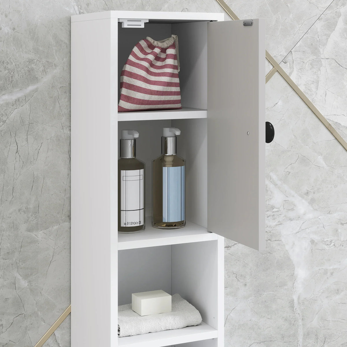 Open light grey bathroom cabinet interior with shelves for towels and bottles