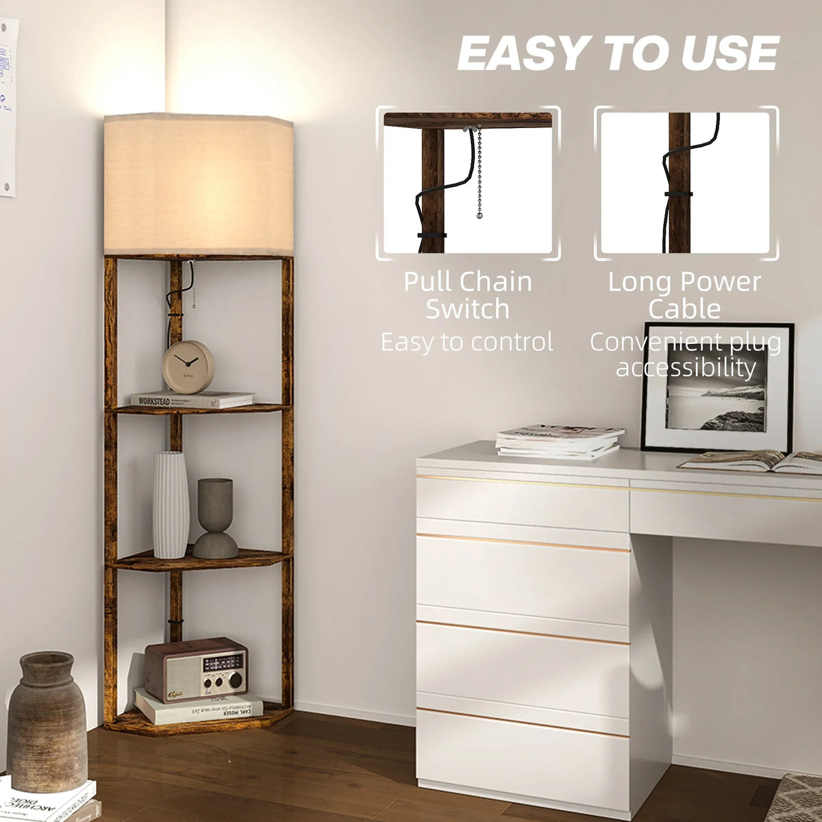 Floor lamp with pull-chain control and shelves, dark wood-look frame, beige fabric shade