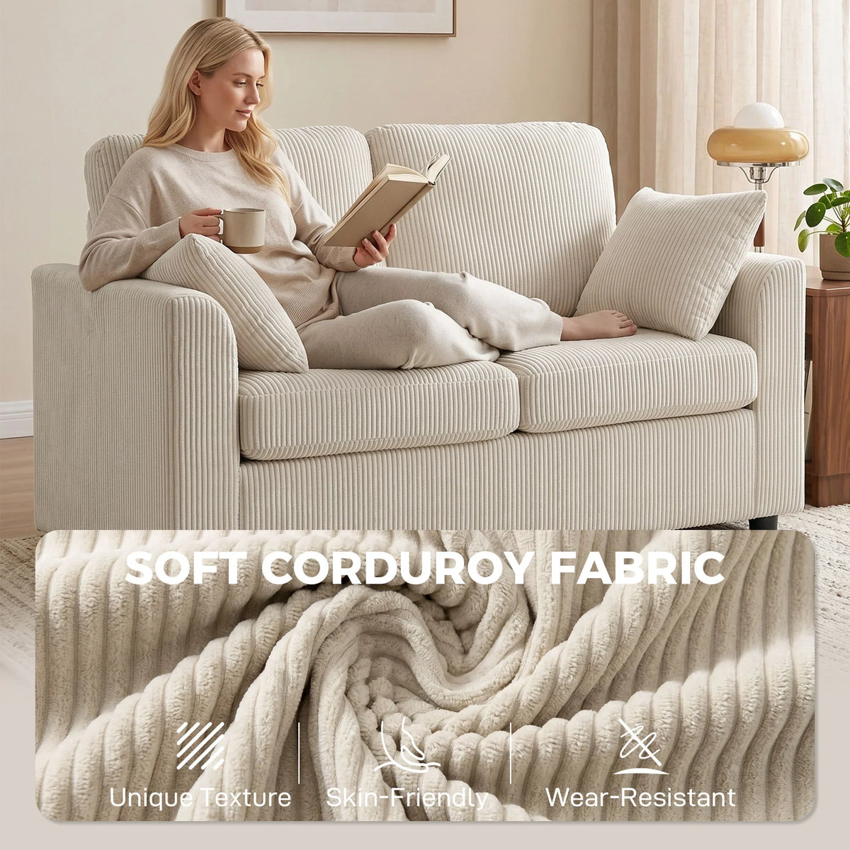 Beige corduroy 2-seater sofa with deep seat, supportive armrests, and lumbar pillows.