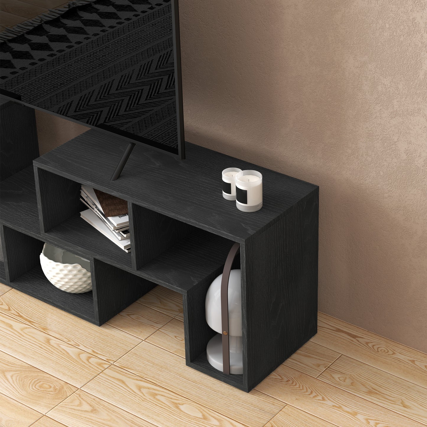 HOMCOM Three Block Modular TV Stand Black Wood Effect with Six Shelves for Up to 75 Inch Screens