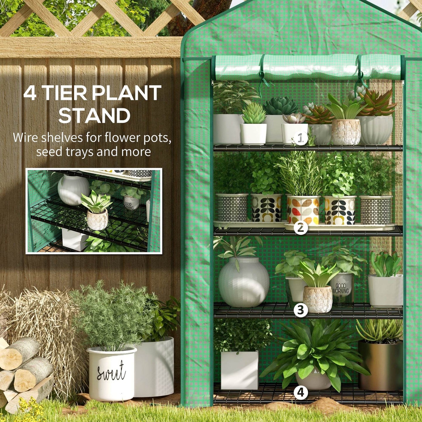 Green compact four-tier plant stand greenhouse with black wire shelves and roll-up door